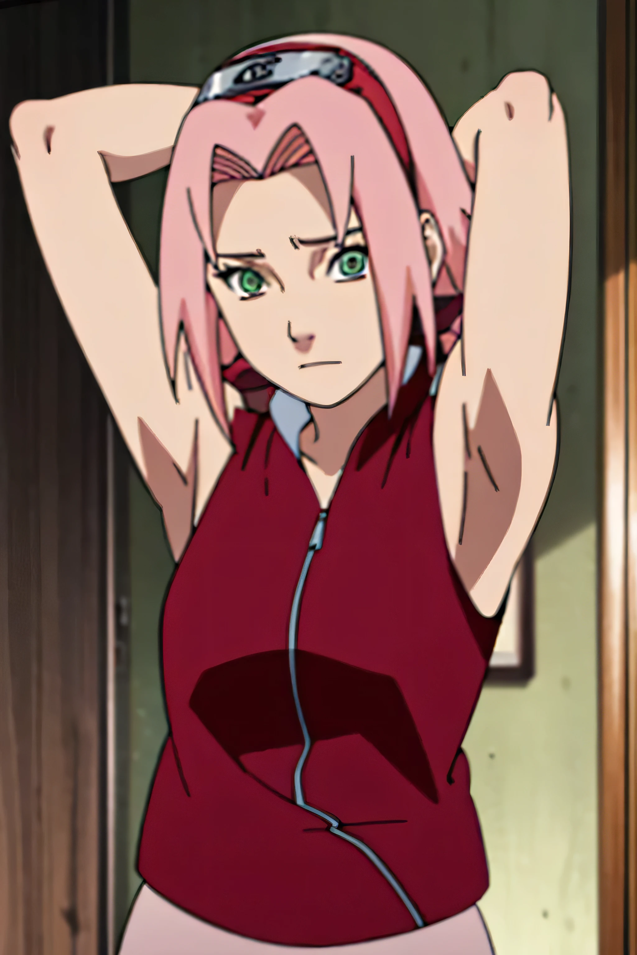 sakura haruno, sleeveless, red jacket, forehead protector, konohagakure symbol, arms behind head, armpits, showing armpits, posing, green eyes, perfect proportions, sakura shippuden