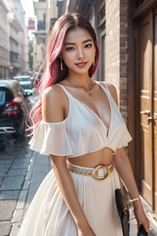 1 girl, Korean model, extremely beautiful, perfect body. The Canon EOS R5 200mm f/1.1 IS III USM camera adjusts to sharp shooting mode for landscapes and whole bodies of characters. 8K photo quality, lifelike, masterpiece, sharpest and highest contrast, super realistic color photos. Her hair is pink, long and smooth, the wind blows it beautifully under the bright sunlight. Beautiful face, perfect and sexy, holy, perfectly proportioned, beautiful in every detail, ((shiny)), high-end cosmetic makeup. Bright smile, pure white teeth and details. Attractive glossy red lips, brilliant glossy red lipstick. Brown eyes, glossy, seductive, ((sharp makeup)), realistic, ((wet eyes)), detailed. Pink eyeshadow, long eyelashes, blush, high-end cosmetics. Two delicate eyelids, perfectly beautiful and detailed, black eyelashes. Eyebrows are curved, sparse, sharp and detailed. High and detailed nose. Cheeks are prominent and detailed. ((Bright white skin)), detailed pores, shiny skin, smooth skin. Long, shiny legs. Hands are beautiful, perfect, ((no flaws)), no defects. Complex light, yellow-black rays, ((lights the face)), sparkling sunlight, ((lights the girl's body)). Gold and silver earrings, diamond necklace, emerald belt, Rolex watch.
Latest 2024 fashion style, hot atmosphere, cinematic lighting, eye-catching, large depth of field, stereoscopic lighting, modern street detailed background. ((Full body photo of the girl from head to toe)) standing on a crowded street, her chest exposed.
