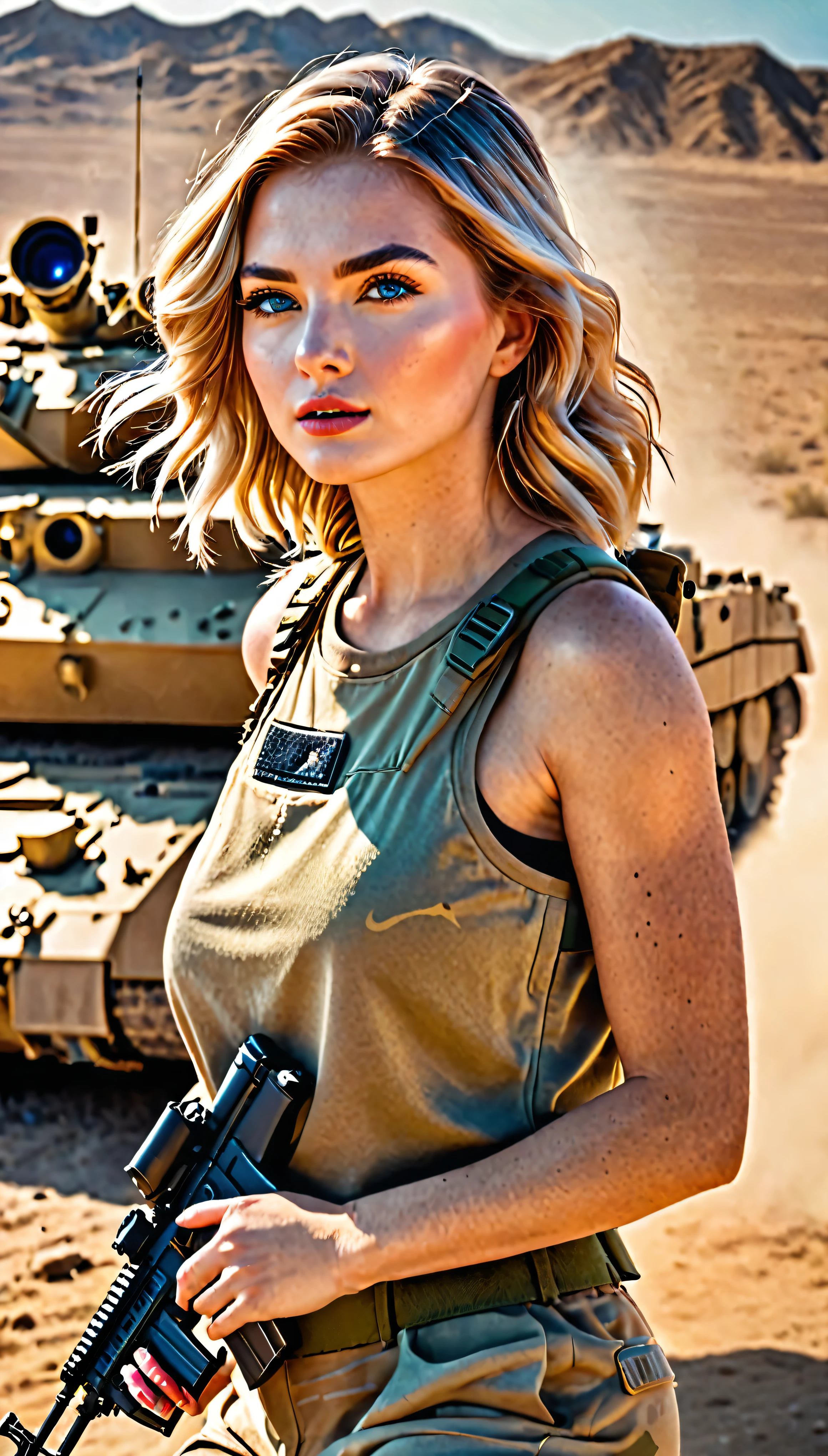 Beautiful Female Soldier in Support of Special Operations Group in a breathtaking cinematic scene from Hollywood movie、It showcases a panoramic view of an M-1 Abrams tank firing across a vast golden desert.。The protagonist is、A 35-year-old soldier with short, sandy blonde hair and piercing blue eyes.、The expression is serious yet determined.。Jaws clenched、Her lips are pressed together in a thin line、There are slight wrinkles at the corners of the eyes.、There is a hint of excitement in the air。The tanks are beautifully detailed.、Metal corner々It is perceived in a complex way.、Very detailed and gives the impression of a high budget production。Shallow depth of field、The tank and the soldier remain in focus.