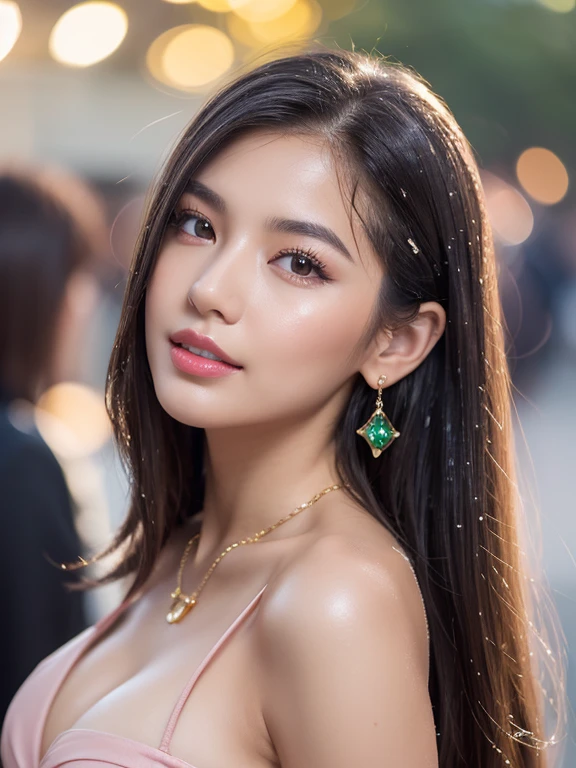 1 girl, Korean model, extremely beautiful, perfect body. The Canon EOS R5 200mm f/1.1 IS III USM camera adjusts to sharp shooting mode for landscapes and whole bodies of characters. 8K photo quality, lifelike, masterpiece, sharpest and highest contrast, super realistic color photos. Her hair is pink, long and smooth, the wind blows it beautifully under the bright sunlight. Beautiful face, perfect and sexy, holy, perfectly proportioned, beautiful in every detail, ((shiny)), high-end cosmetic makeup. Bright smile, pure white teeth and details. Attractive glossy red lips, brilliant glossy red lipstick. Brown eyes, glossy, seductive, ((sharp makeup)), realistic, ((wet eyes)), detailed. Pink eyeshadow, long eyelashes, blush, high-end cosmetics. Two delicate eyelids, perfectly beautiful and detailed, black eyelashes. Eyebrows are curved, sparse, sharp and detailed. High and detailed nose. Cheeks are prominent and detailed. ((Bright white skin)), detailed pores, shiny skin, smooth skin. Long, shiny legs. Hands are beautiful, perfect, ((no flaws)), no defects. Complex light, yellow-black rays, ((lights the face)), sparkling sunlight, ((lights the girl's body)). Gold and silver earrings, diamond necklace, emerald belt, Rolex watch.
Latest 2024 fashion style, hot atmosphere, cinematic lighting, eye-catching, large depth of field, stereoscopic lighting, modern street detailed background. ((Full body photo of the girl from head to toe)) standing on a crowded street, her chest exposed.