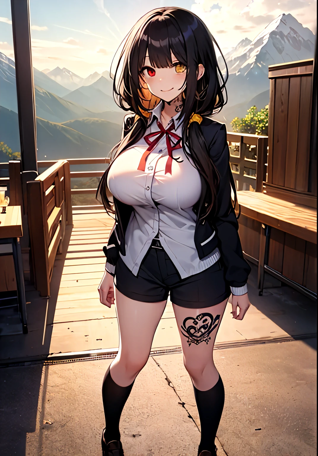 Masterpiece, high quality, ultra quality, best lighting, 1girl, ((tokisaki kurumi)), long hair, black hair, low twintails, monochrome, ((right red eye:1, left yellow eye:1)), black , ((black school uniform)), ((short pants)), ((big breast)), ((big thigh)), smile, blush, cute face, ((gesugao face)), standing, sexy body, sexy, tattooed full body, tattooed face, (((tattooed))),looking at viewer, large the breast, nsfw, (((mountain)))