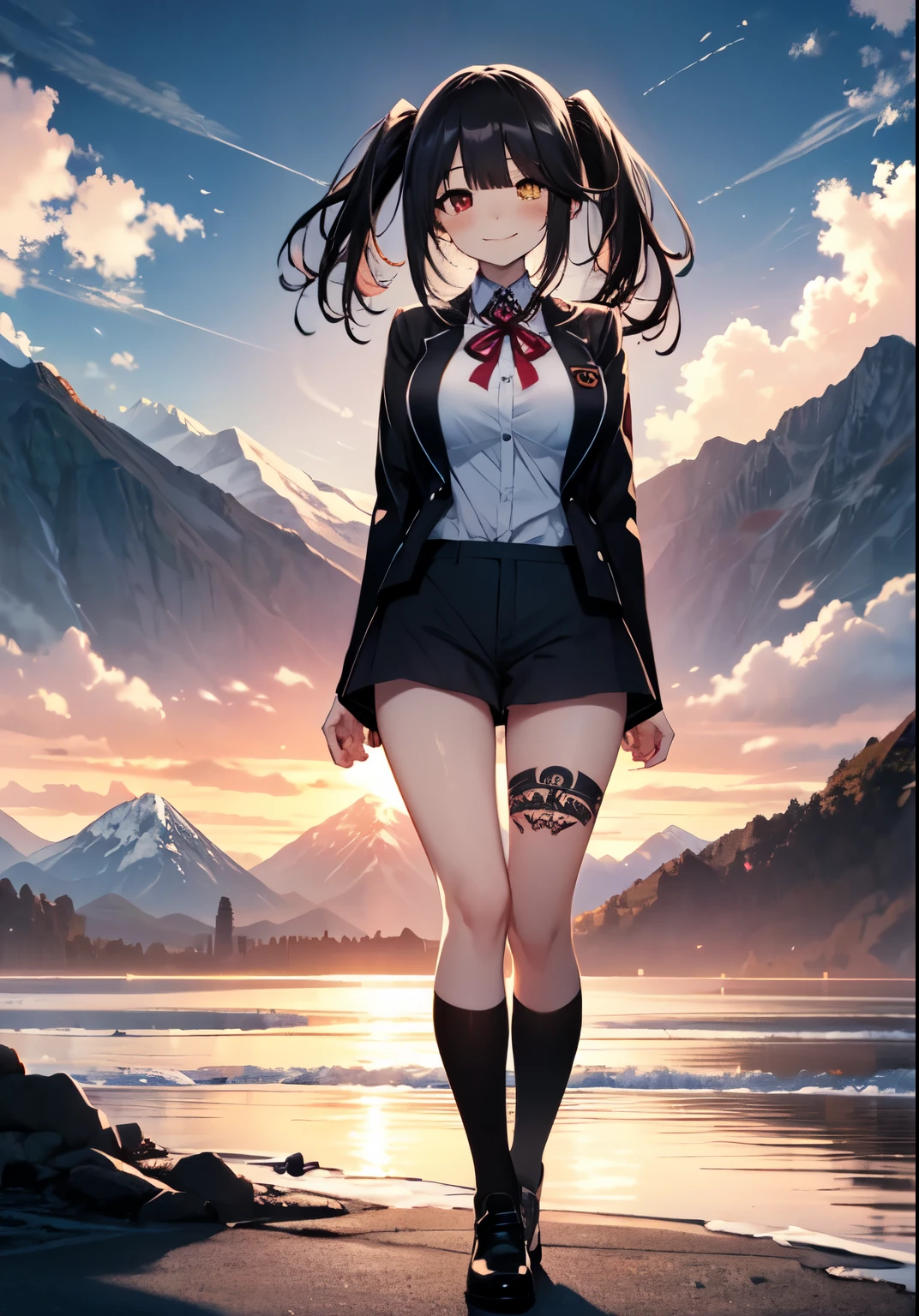 Masterpiece, high quality, ultra quality, best lighting, 1girl, ((tokisaki kurumi)), long hair, black hair, low twintails, monochrome, ((right red eye:1, left yellow eye:1)), black , ((black school uniform)), ((short pants)), ((big breast)), ((big thigh)), smile, blush, cute face, ((gesugao face)), standing, sexy body, sexy, tattooed full body, tattooed face, (((tattooed))),looking at viewer, large the breast, nsfw, (((mountain)))