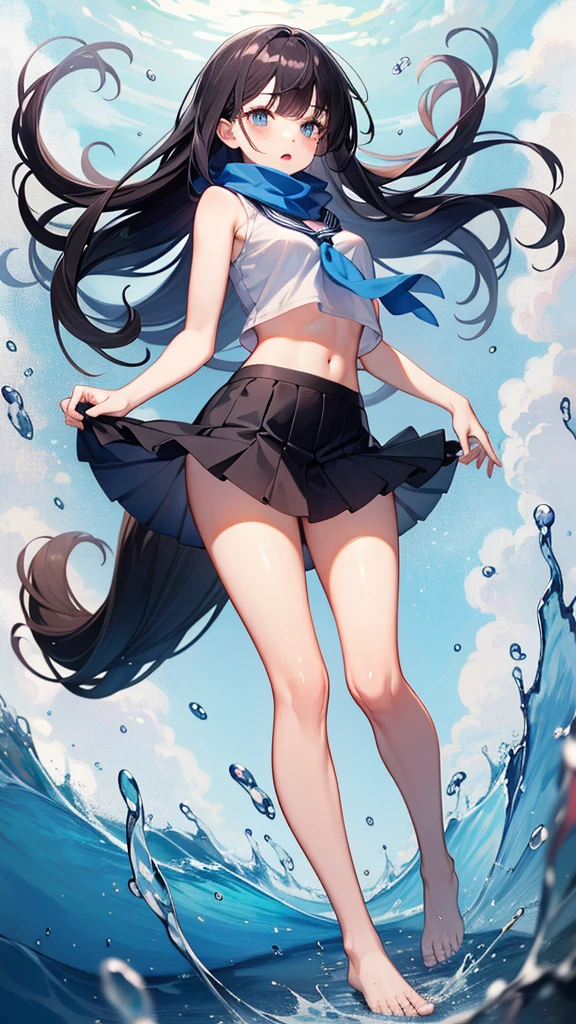 1 Girl,,Change,Solitary,Long hair,skirt,water手领,black hair,Umbilical cord,looking at the audience,blackskirt7,miniskirt,barefoot,transparent,scarf,crop topoverhang,crop top,pleatedskirt,water,Uniforms,diaphragm,shirt,Setofuku,Double tail,veryLong hair,whole body,miniskirt,Bare shoulders,whiteshirt,blue eyes,Bare legs,thigh,breast,blackwater手领,Bangs,Stomach,bluescarf,Split lips,Floating hair,permanent,