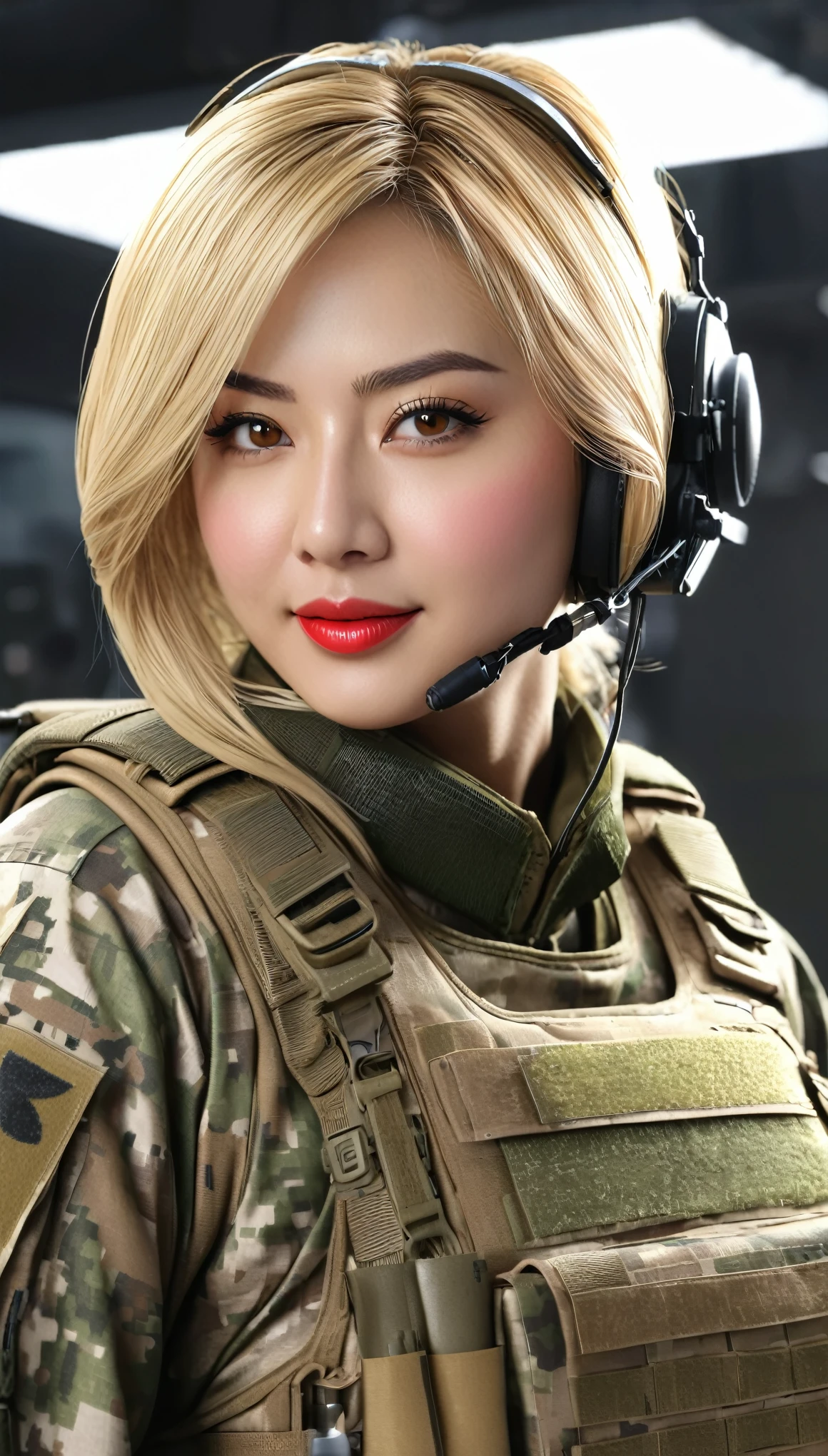 (((Hyper Real)))、超未来的なFemale Soldier、陸軍Female Soldier、Beautiful woman High resolution Realistic Blonde woman、Mature Woman、(((Big big boobs)))、Fine skin、超High resolution、Realistic、Plump figure、smile、中年Beautiful woman、Beautiful expression 、Beautiful brown eyes、Fluffy long hair、非常に繊細でFine skin、35Army soldier woman、(Very futuristic huge computer room)、Female Soldier、Big big cleavage、Bright red lips、(Wearing a combat suit)、