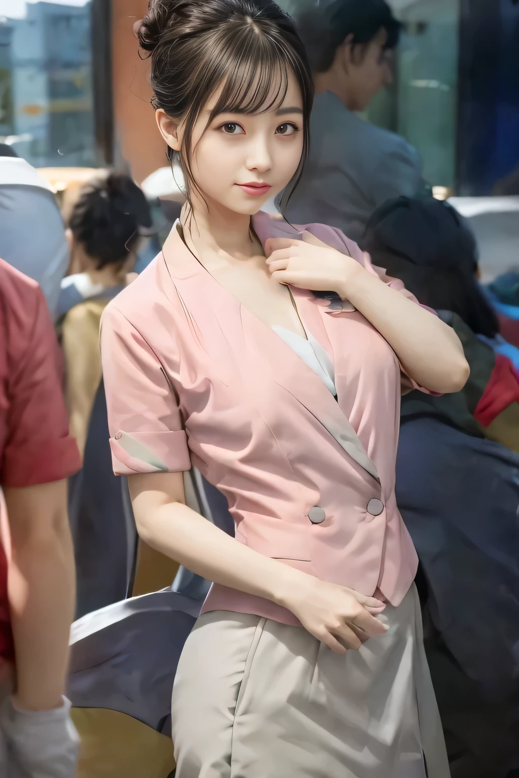(masterpiece:1.2, highest quality:1.2), 32K HDR, High resolution, (alone、1 girl)、(On the rooftop of a building in the daytime、Professional Lighting)、Building rooftop background、(Nankai train crew uniform pinkを着たリアルスタイル)、(Nankai train crew uniform pink short sleeve collarless pink jacket、Nankai Train Crew Uniform Pink Collarless Short Sleeve Blouse、Nankai Train Crew Uniform Pink Grey Knee-length Culottes)、((The bottom of the pink short-sleeved jacket cannot be tucked into the clay-colored culottes.))、Dark brown hair、(Hair tied up、Hair Bun、Hair Bun)、Dark brown hair、Long Shot、Big Breasts、Thin legs、((Great hands:2.0)),((Harmonious body proportions:1.5)),((Normal limbs:2.0)),((Normal finger:2.0)),((Delicate eyes:2.0)),((Normal eyes:2.0)))、smile、(Nankai Train Crew Uniform Pink Grey Knee-length Culottesを見せた美しい立ち姿)、Holding hands