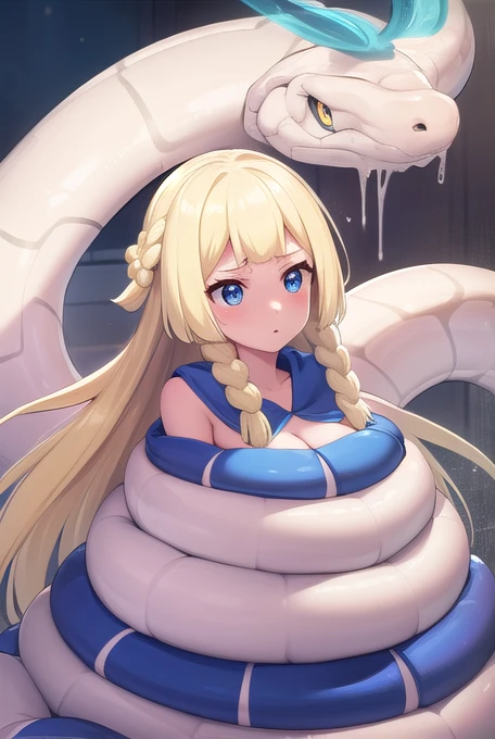 masterpiece, best quality, illustration, highly detailed, 1 girl, solo, Lillie(pokemon), length hair, blonde hair, floating hair, twin braids, messy hair, unique hair detailed, beautiful detailed eyes, cleavage, snake,(python), (coiled), snake scales detailed, snake wrapped tightly, restrained, princess dress, breasts out, shocked face, embarassed face