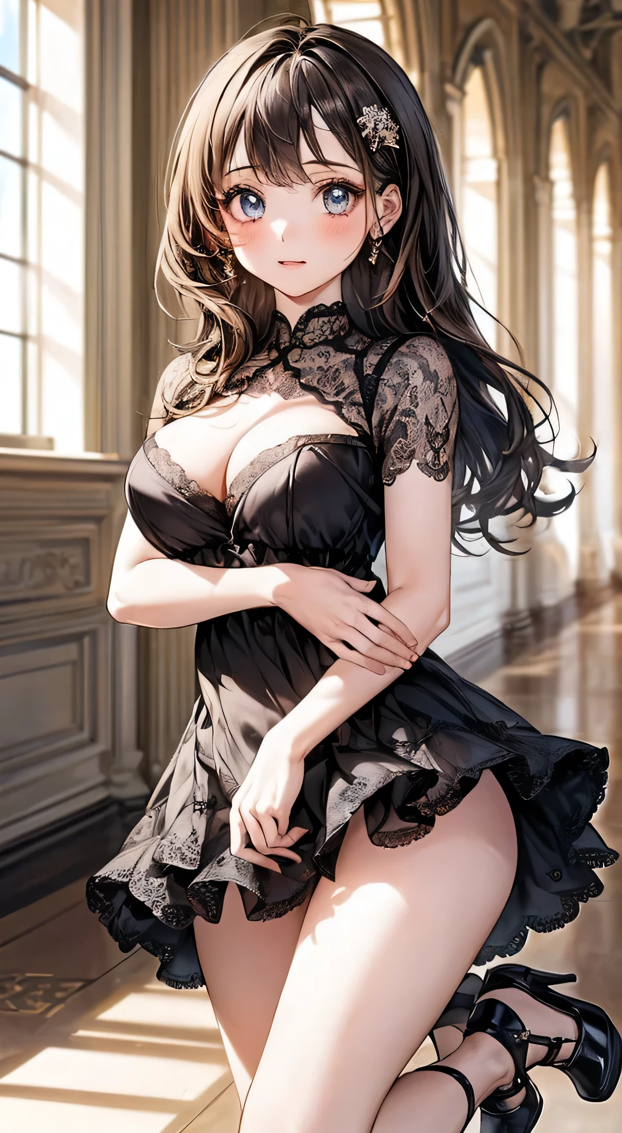 (masterpiece, highest quality, highest quality, Official Art, beautifully、aesthetic:1.2), (1 girl), Highly detailed eyes, (A cute mini dress that shows off your bust:1.4),Alice Shoes、Natural light、Shining Girl,Flower Hair Ornaments,Soft Breasts
