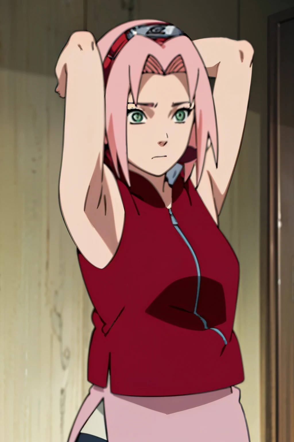 sakura haruno, sleeveless, red jacket, forehead protector, konohagakure symbol, arms behind head, armpits, showing armpits, posing, green eyes, perfect proportions, sakura shippuden