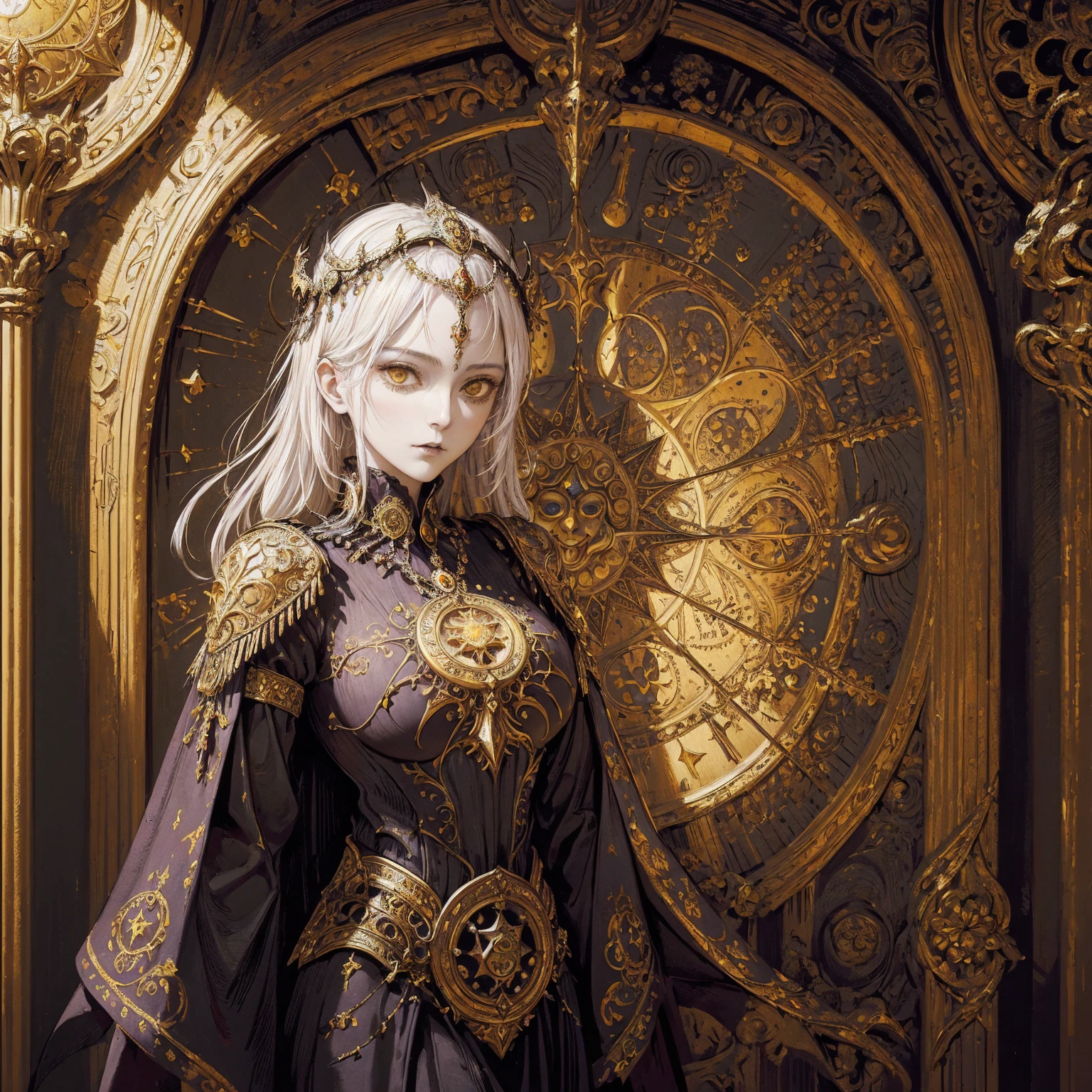Art of a woman wearing a sun crown and ornate breastplate, (((Occult art))), Very detailed goddess ancient art, Sacredness. Very detailed, Mysterious inspiration, Inspiration from the Sun God, Snob face, Full body portrait, (Gothic art style, Weird art style :1.3)