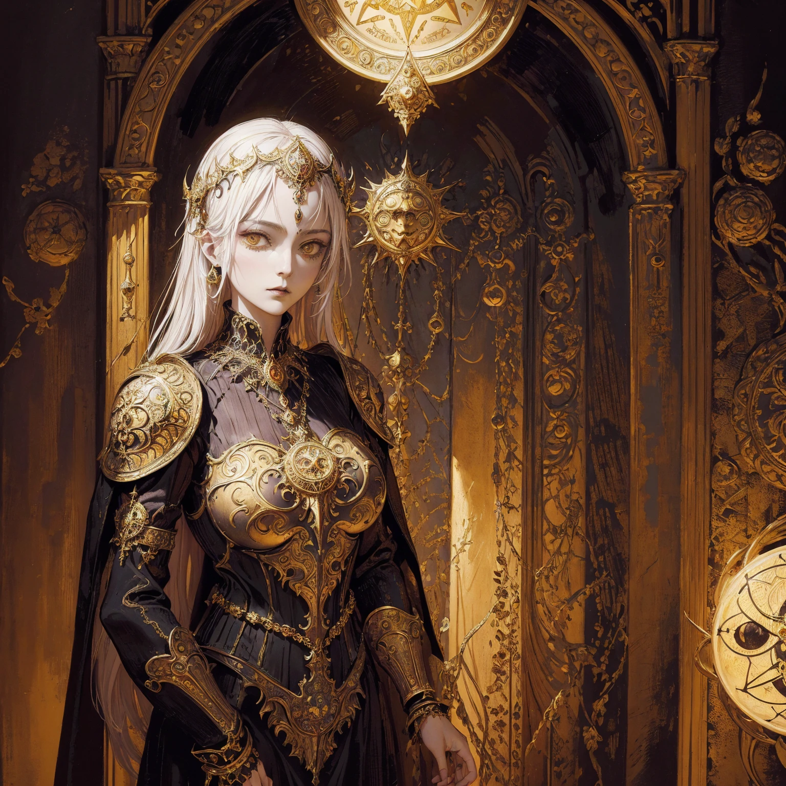 Art of a woman wearing a sun crown and ornate breastplate, (((Occult art))), Very detailed goddess ancient art, Sacredness. Very detailed, Mysterious inspiration, Inspiration from the Sun God, Snob face, Full body portrait, (Gothic art style, Weird art style :1.3)