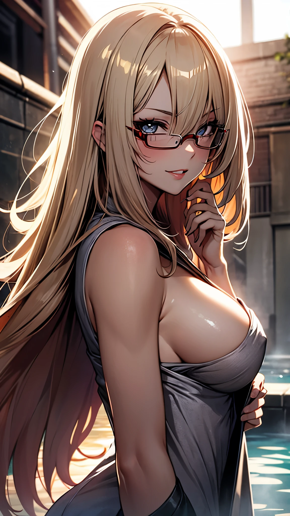 (1 girl:1.5), Masterpiece, Best quality, amazing beauty, [[3D]], 4K, absurdres, finely detail, super detailed eye, perfect anatomy, official art, cinematic lighting, BREAK, hot spring, open air bath, silky long hair, silky straight hair, gold hair, super shiny detailed black eyes, big eyes, tareme, cute eyes, thin eyebrow, close-mouth, thin lips, smirk, mascara, rouge, Eyeliner, red lips, red eyewear, blush with embarrassment, BREAK, tall, slender, tanlines, standing, shoot from side, bare shoulders, BREAK , bath towel, Grab her breasts with her hands. Emphasize the cleavage, 35mm lens f/1