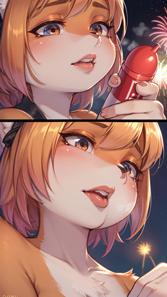 Hallucination, daydream , fantastic , erotica , Fear , bokeh , fox girl , hair tie , Medium hair , up hair , Sensual nape , Fireworks display , front view , (closeup face:1.9) , glossy lips , detail , (Close eyes) , Waiting for a kiss , from below , woman on top , steamy breath , I can not stand it any longer , Mouth gesture , (Hand job gesture:0.9) , Hair falls towards the viewer , Peeking Down , Applying lipstick , Lipstick advertisement