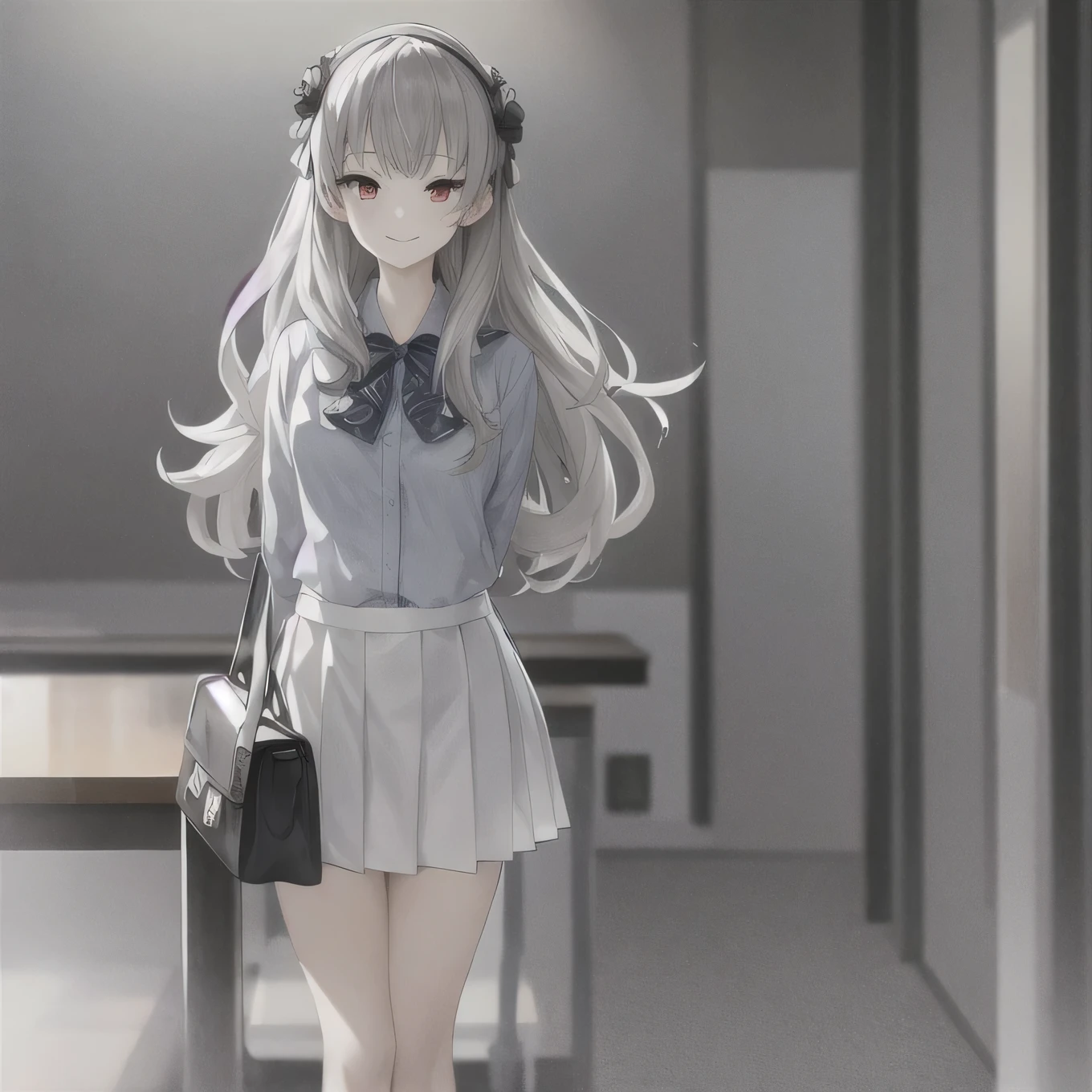 masterpiece, best quality,Iori Fuyusaka 1, 1 woman, alone, hair flower, headdress, flower, long hair, whole body, white shirt, skirt, pleated skirt, black skirt, , loafers, gray hair, white flower, gray eyes, outline, long sleeves, looking at viewer, shoes, socks, smile, shamful face, turn red face, arms behind back, Highly detailed classroom background, straight on, middle , slander, standing,