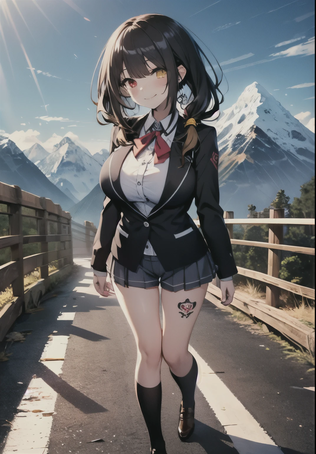 Masterpiece, high quality, ultra quality, best lighting, 1girl, ((tokisaki kurumi)), long hair, black hair, low twintails, monochrome, ((right red eye:1, left yellow eye:1)), black , ((black school uniform)), ((short pants)), ((big )), ((big thigh)), smile, blush, cute face, ((gesugao face)), standing, sexy b, sexy, tated full body, tattooed face, (((tattooed))),looking at viewer, large the breast, nsfwountain)))