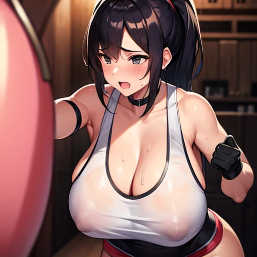 beautiful female fighter, slamming her fist into a punching bag, working hard. Wounded all over.  very sweaty. Torn and tattered white tank top and spats, open finger gloves. Erect brown nipples and huge areola. black hair.