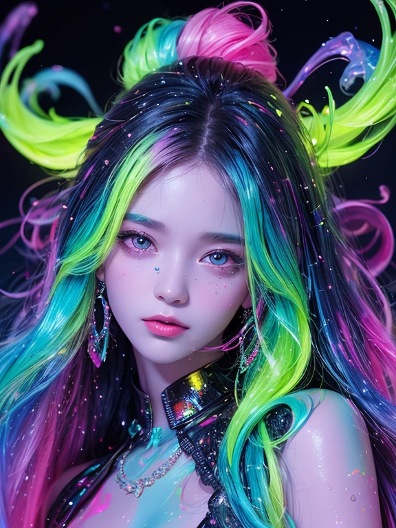 glow in the dark ,Bioluminescent color glow , paint splatter,Glamorous psychedelic surreal neon amazing universe beautiful gorgeous woman in bright colorful neon lights,Mark Reiden、daniel merriam、Bright neon colors in the style of Frank Frazeta and Boris Vallejo, 、fashionable attire,sandals,ultra-realistic realism, psychedelia, opulent, Beautiful, finedetail, intricately details, ultra - detailed, Oil painting, Complex colors,light smile