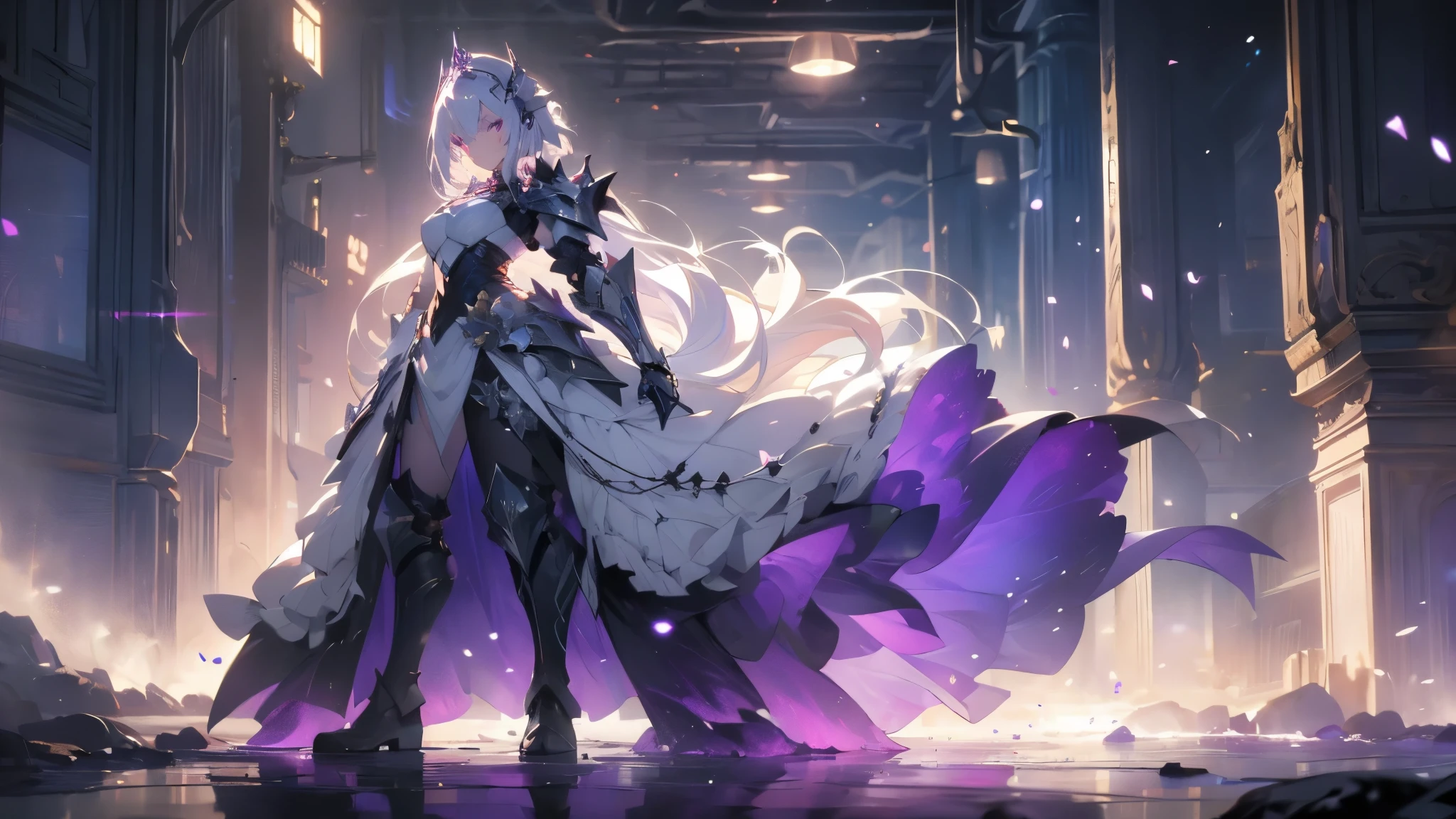 ((masterpiece, best quality)), Epic battlefield atmosphere，Delicate face，Depicts a beautiful knight with long, flowing white hair，whole body，Standing picture，glowing purple eyes. She was wearing white armor，Perfect body proportions