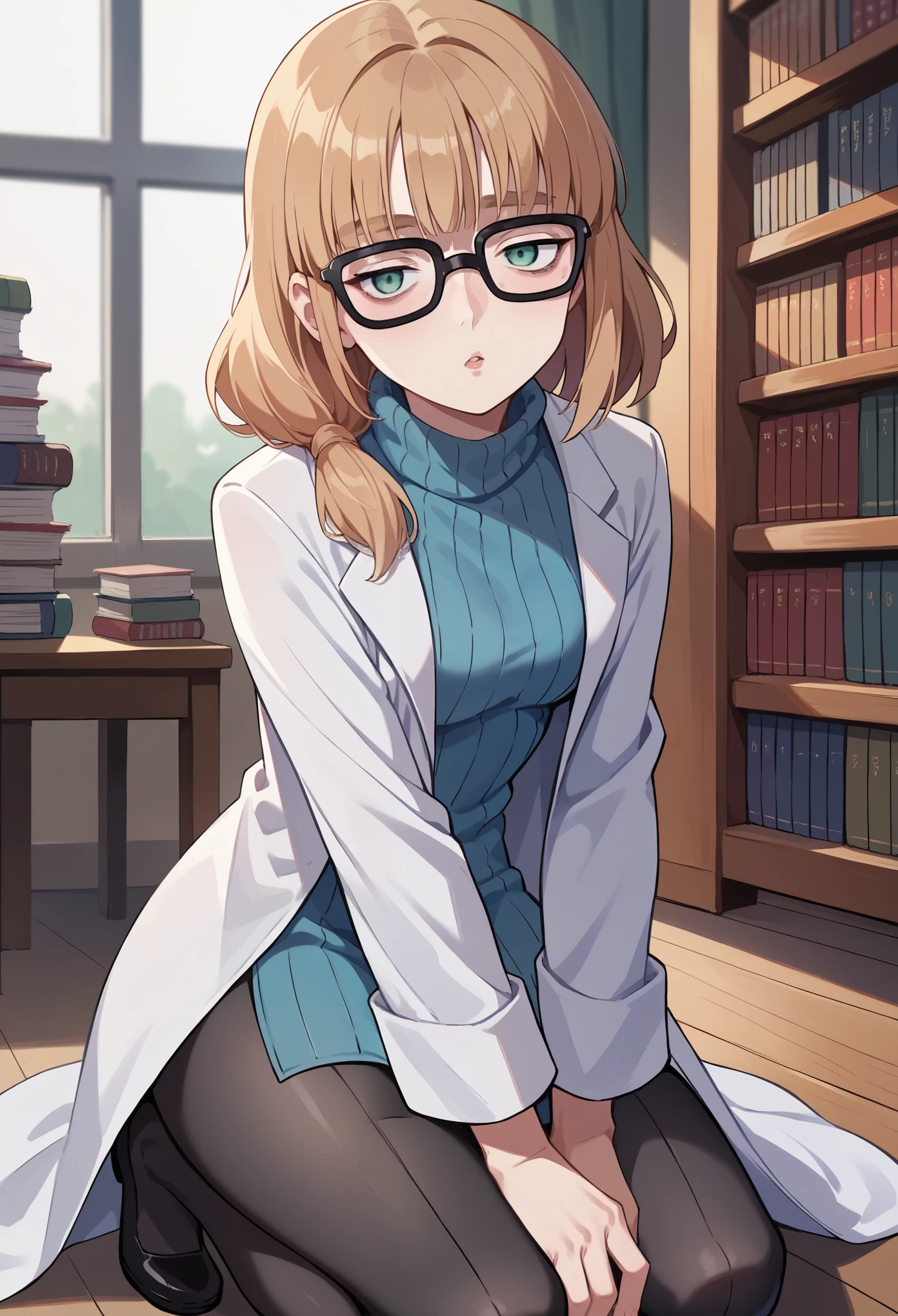 score_9, score_8_up, score_7_up, score_6_up, source_anime, BREAK 1girl pastOleana, medium hair, blunt bangs, tied hair, hair over shoulder, glasses, labcoat, blue turtleneck sweater, long sleeves, miniskirt, black pantyhose, kneeling, library, looking at you, chestnut mouth