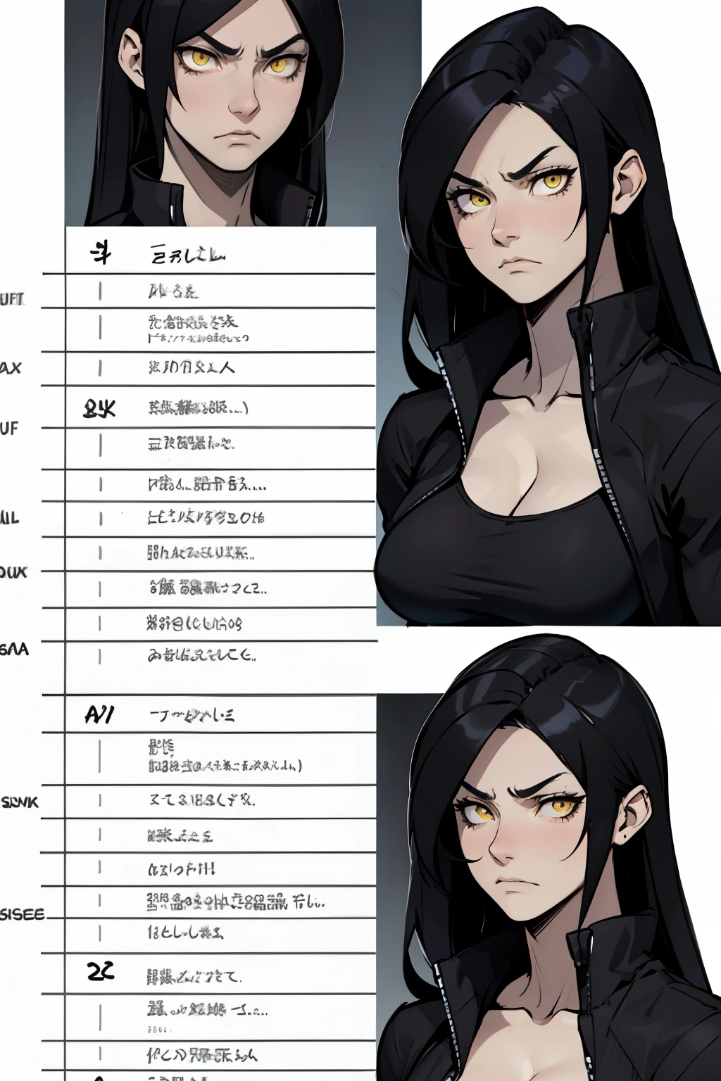 girl ((muscular)) massive breasts thick disdain disgusted annoyed disappointed black hair yellow eyes pale skin bust chart