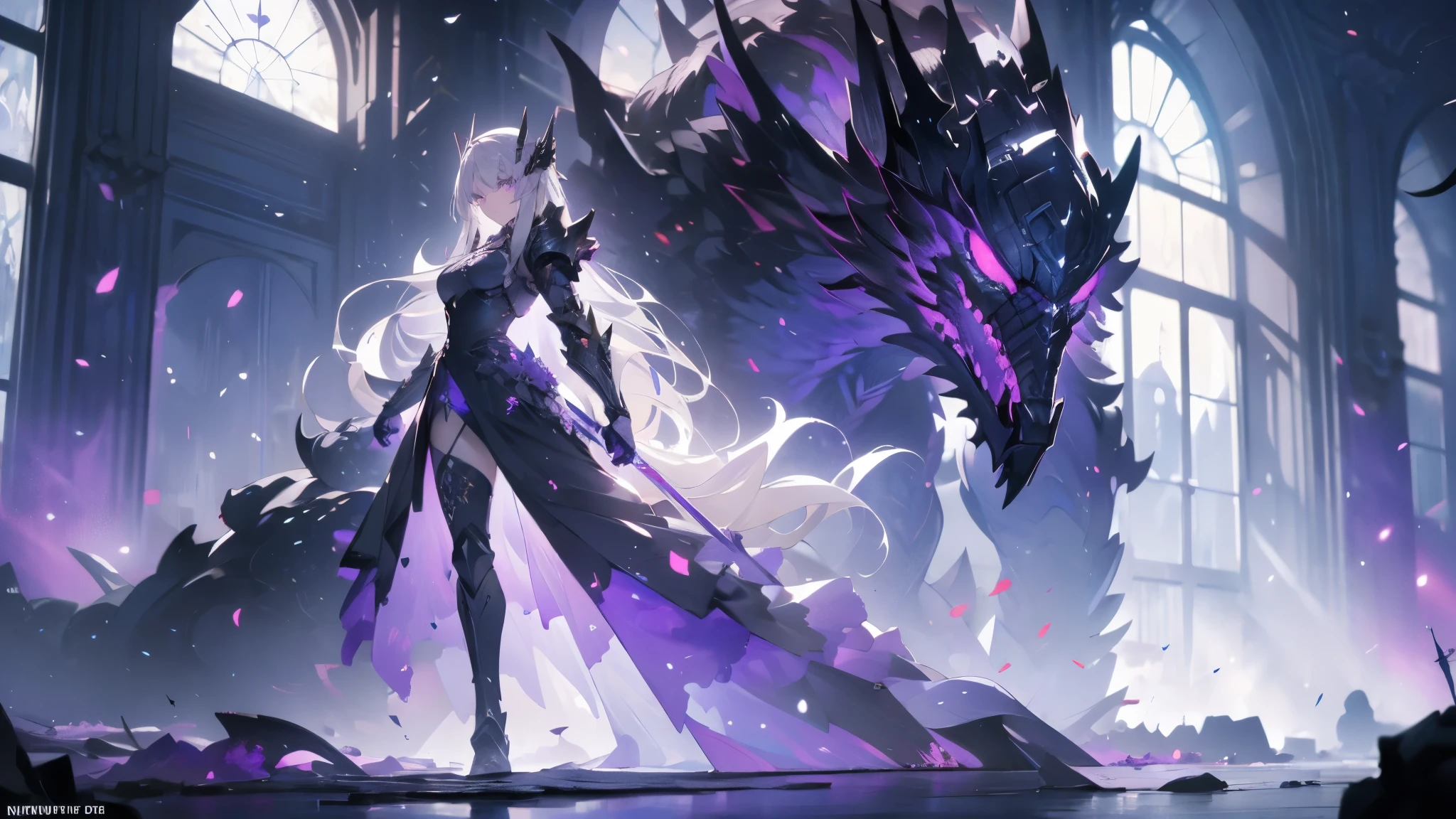 ((masterpiece, best quality)), Epic battlefield atmosphere，Delicate face，Depicts a beautiful knight with long, flowing white hair，whole body，Standing picture，glowing purple eyes. She was wearing white armor，Perfect body proportions