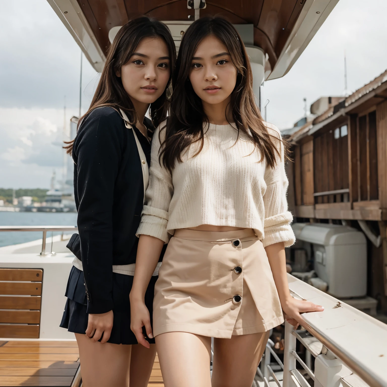 Japanese Girls, Departure of the ship, On the deck of a private cruiser, mini skirt