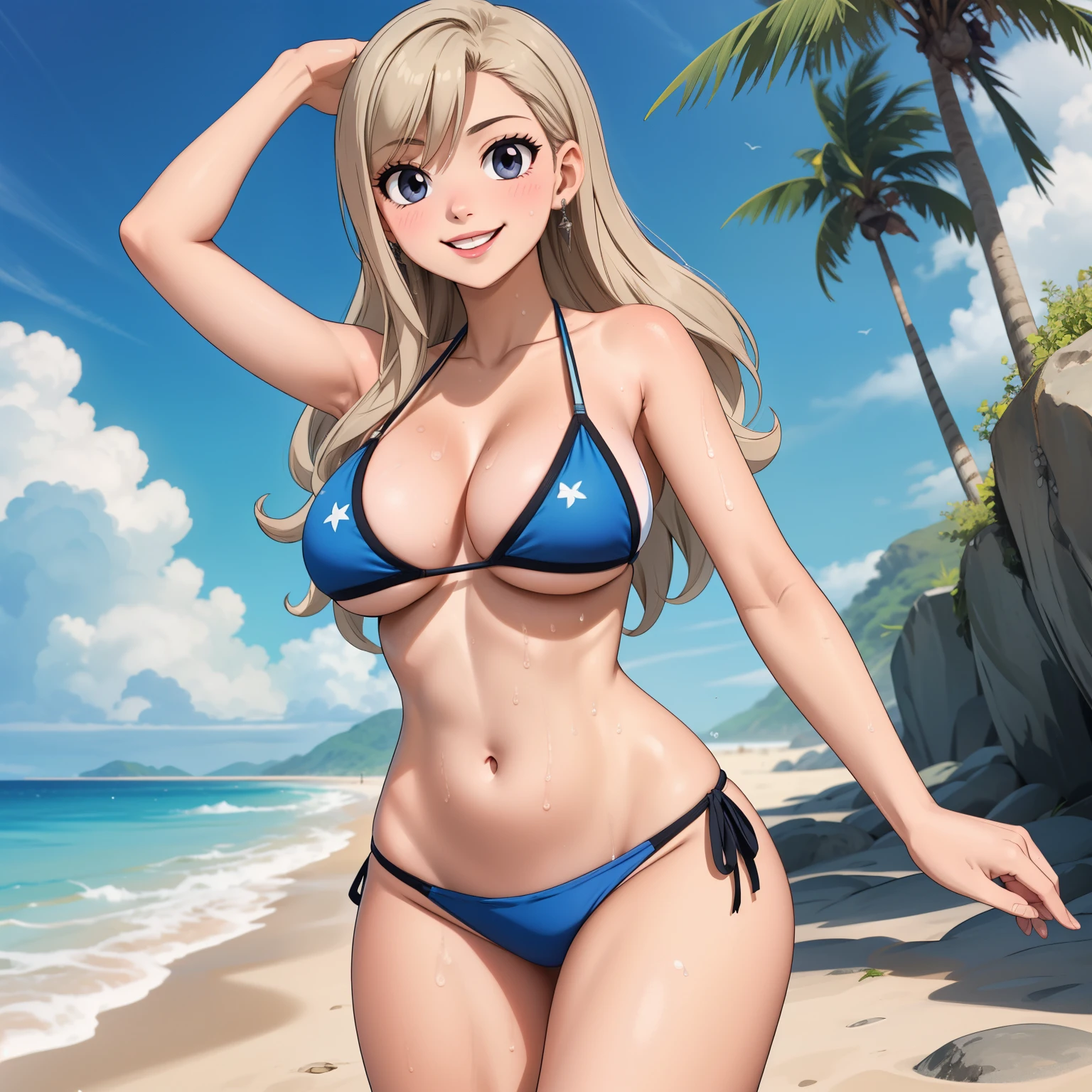Rebecca Bluegarden, Woman 25 years old, cabello rubio ceniza, ojos azules como zafiros,  grandes, bikini azul,  cuero mojado, fondo una playa. rubia, pelo rubio. manos perfectas, sonrisa, gotas de agua en su pecho. cuerpo perfecto.