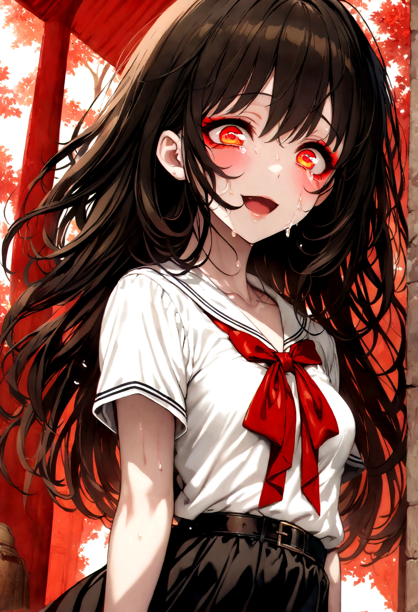 masterpiece, best quality, official art, extremely detailed CG unity 8k wallpaper, highly detailed, absurdres, (Bright Red background, day), Picturesque scenery of gradients of red in the background, exquisite facial features, Glowing red eyes, Yandere crazy eyes, Bloody tears, Perfect fingers, perfect face, (sharp eyeliner, eyeshadow, detailed eyes:1.1), [Long Black messy hair], Small breasts,  Perfect skin, shiny skin, female, solo, Wide laugh, [White School top, Red bow, Black belt, Black skirt]