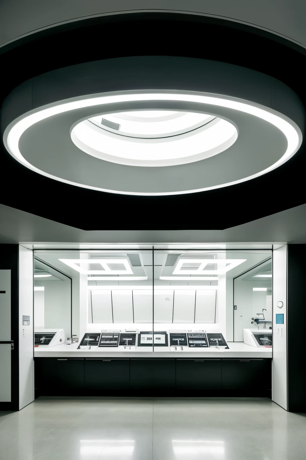 a futuristic laboratory that transmits dehumanization and melancholy, que tenga un estilo como de dibujo, que no sea tan realista, que no sea tan luminosa pero espaciosa y que en este laboratorio haya dos personas a las que solo se les ve la silueta. ((mejor calidad) ((more detailed))



