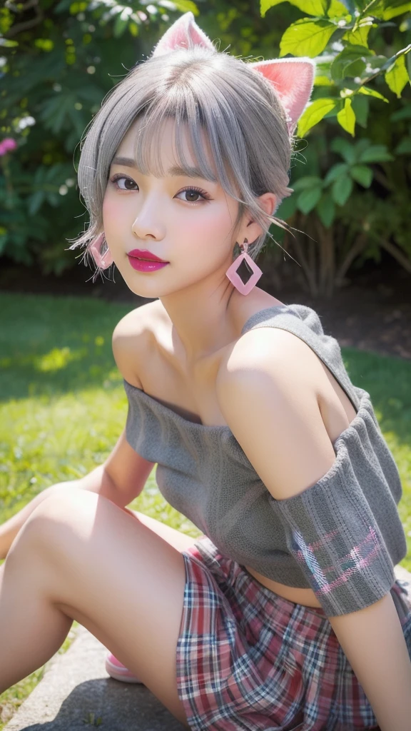 (8k, Photorealistic, Raw photo, Highest quality: 1.4),Japanese idol-style beautiful girl,1 person,18-year-old,Hairstyle(Very Short Bob,silver),She has her hair tucked behind her ears,She wears small earrings in her ears,(pupil(big,Transparent grey :1.5)),Long eyelashes,Plump Cheeks,(lips(lipstick(Pink :1.3)Painting,lipstickの上からグロスを塗り艶やかでふっくらとしている)),Smiling,A short pendant is hanging around her neck,Thin and delicate shoulders,(Manicure(Black :1.5)on the nails of both hands),Thin waist,(barefoot),(Manicure(Black)on the nails of both feet.),(Summer knitwear(Off the shoulder :1.5(Sleeveless),Plain :1.7,White :1.7)Wearing it on bare skin),I can see her cleavage,(Pleated skirt(Plaid,Black :1.7)Wear),(On the grass under the tree in the park),(Sit in a hu sit :1.7),(Place your hands on your crotch),She is surrounded by the gentle sunlight filtering through the trees.,Angle from the front,whole body ports