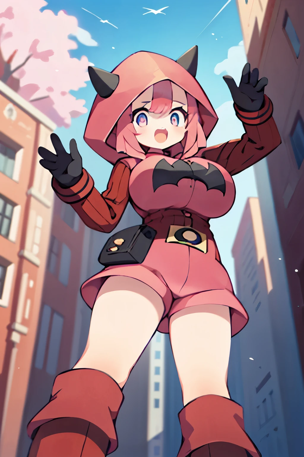 (1girl in:1.2), (Solo:1.2) 、nffsw、Shaders、Brilliant Textured Work、Ultra-detailed eyes、ultra-intricate pupil in eyes、top-quality、Full body standing picture、pkmntmg 、(fake horns, hoodie, red shorts, gloves, red boots) 、long hair, (pink hair:1.5), sadistic smile、 from below, open mouth, huge breasts, put your hands up,