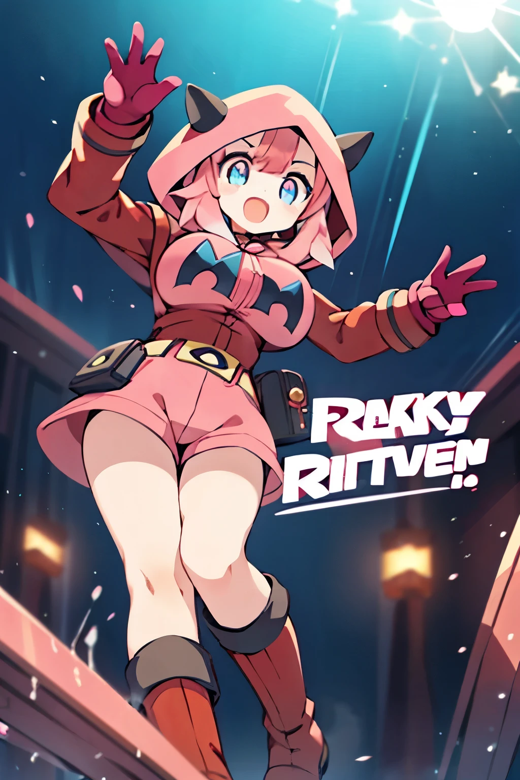 (1girl in:1.2), (Solo:1.2) 、nffsw、Shaders、Brilliant Textured Work、Ultra-detailed eyes、ultra-intricate pupil in eyes、top-quality、Full body standing picture、pkmntmg 、(fake horns, hoodie, red shorts, gloves, red boots) 、long hair, (pink hair:1.5), sadistic smile、 from below, open mouth, huge breasts, put your hands up,