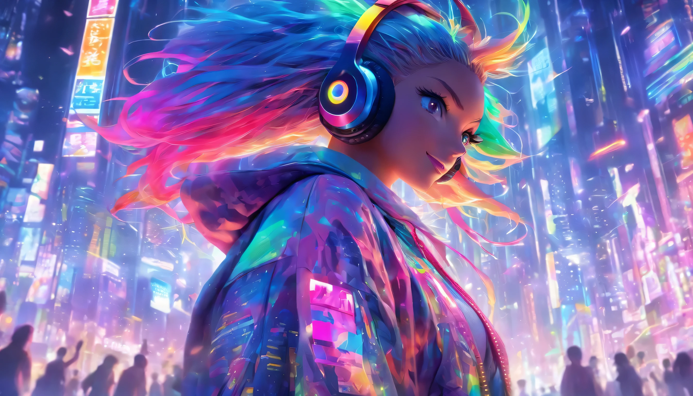 Transparent color PVC clothing, Transparent vinyl futuristic hoodie, Prismatic, Holographic, chromatic aberration, Fashion Illustration, masterpiece, DJ Girl, Wink, 8k, Super detailed, Pixiv、(((Digital anime art)))、((Put on the hood))、((Wearing futuristic headphones))、(((Rainbow Hair)))、((dancing))、(((Night Cinema City)))、((Narrow waist))、((Glowing Eyes))、(smile)、(((Full Body)))