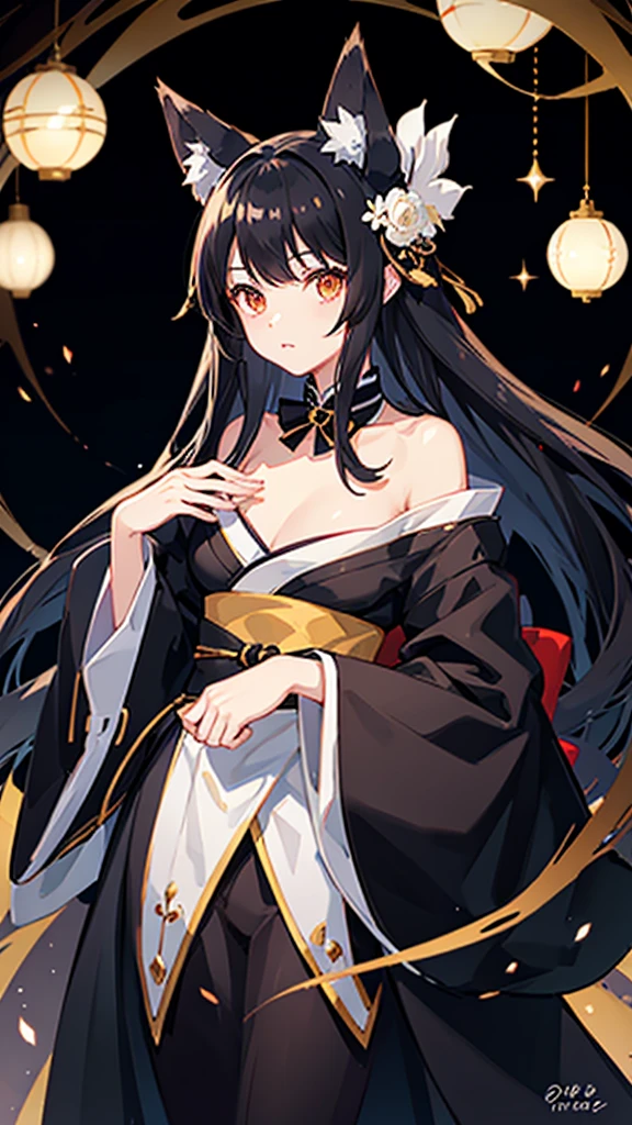 Black hair and fox ears、anime、One woman、Black Ribbon、White kimono、Hime cut、anime tone、beautiful girl、Standing front view、best quality、high quality、good anatomy、good hands、good body