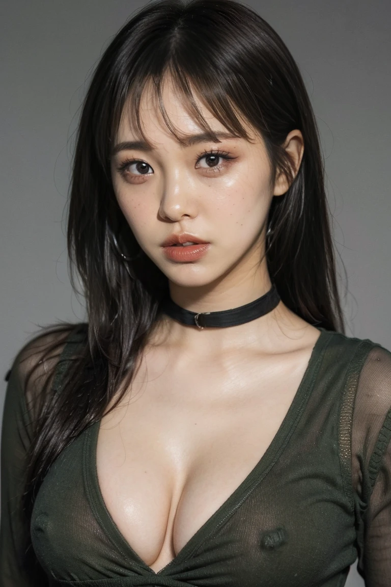 (highest quality,8k,32k,masterpiece,Ultra-high resolution:1.2),((Sexy expression:1.2)), ((Medium Hair,Beautiful bangs:1.5)), Positive, Professional Lighting, Flash photography, Shaded photo,((Cleavage:1.5)),((small breast)), whole body, Face Focus, Choker Necklace, ((Gray plain background:1.2)), ((Deep green clothing with a large open chest:1.2, Tight clothing:1.2)), ((I can't look directly at the nipples:1.5, Know the shape of your nipples:1.6))
