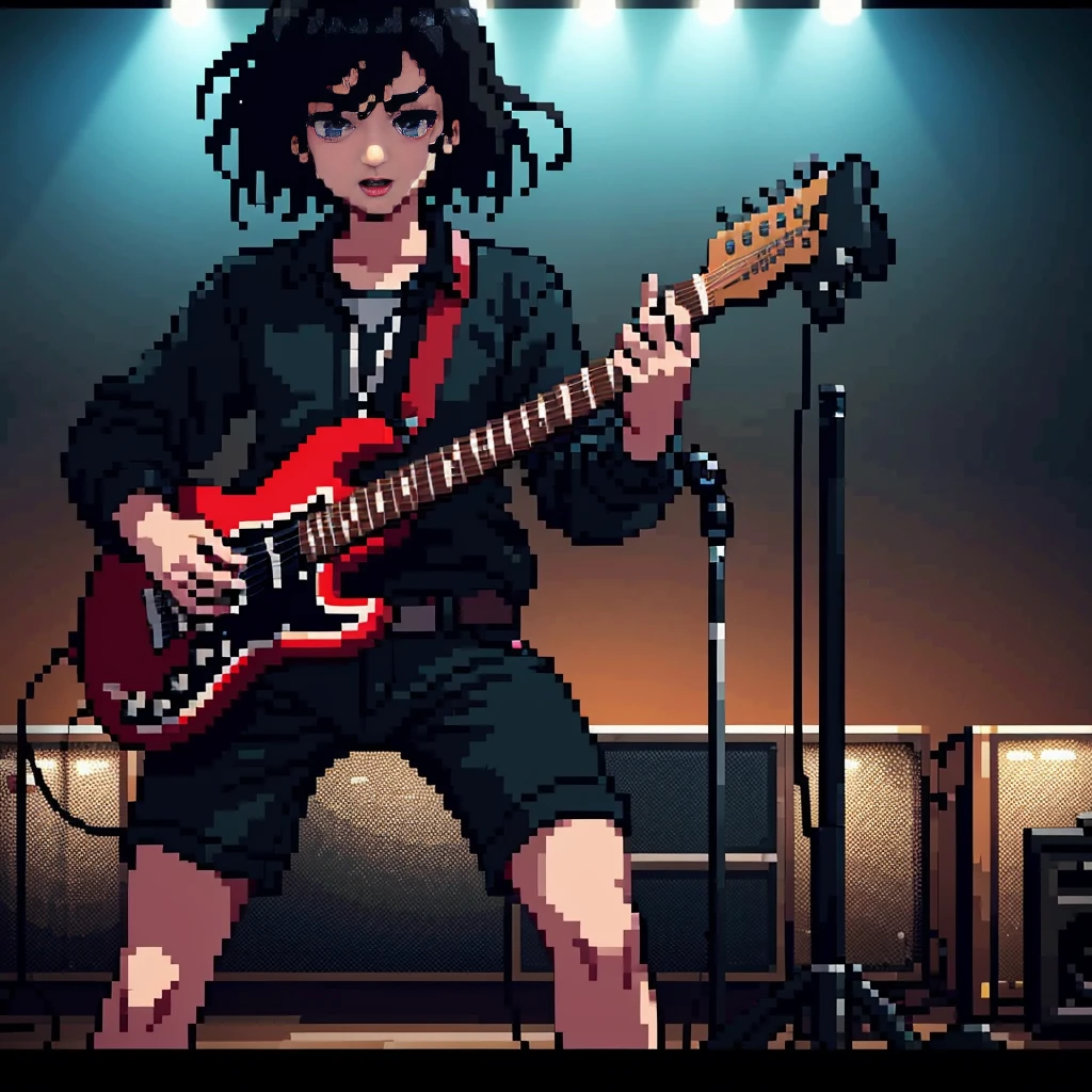 A guitarist performing on stage, detailed portrait, hyperrealistic, octane render, 4k, 8k, best quality, masterpiece, photorealistic, highly detailed, dramatic lighting, dynamic pose, electric guitar, rock concert, crowd, stage, amplifier, fog machine, cinematic camera angle