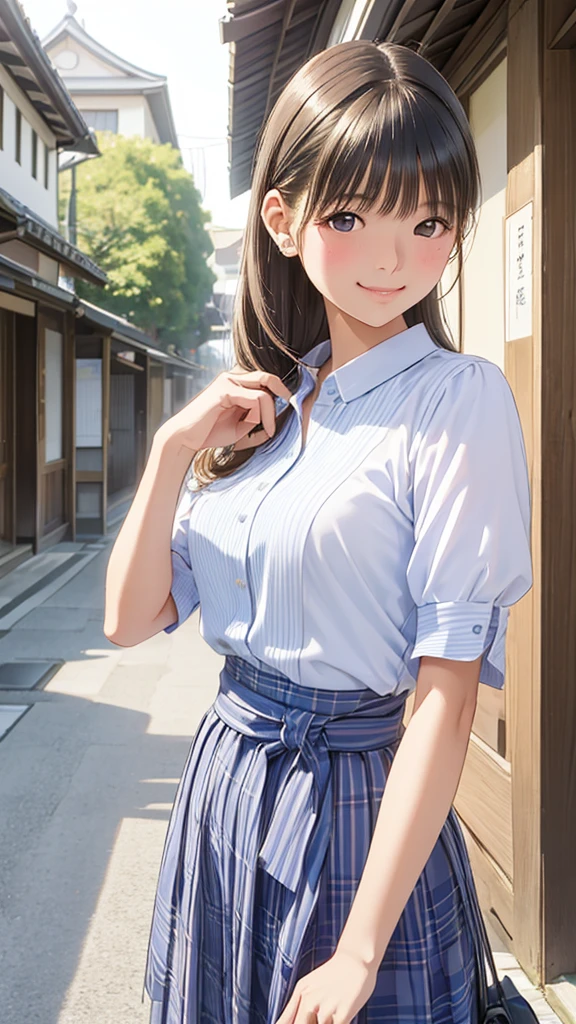 young woman、smile、Cool hairstyle、Blushing、masterpiece、High resolution、16k、Spring clothes in fresh colors、(Very close:1.5)、Explore the streets of Kyoto、(Depicting the upper body:1.5)