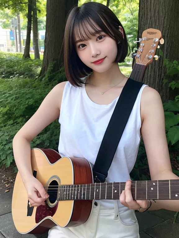 Detailed explanation,、High resolution、high quality、Perfect dynamic composition、Beautiful fine details、short hair、Small breasts、Natural color lip、Kamimei、Shibuya Ward、20-year-old girl、1 person、Clear Skin、Shiny Hair、Tabletop、最high quality、In detail、High resolution、8k、The correct state of the human body、Random pose、Sculpture model pose、Summer Casual Fashion、Messy Hair, forest, Feminine pose,(Shoulder-length black straight short bob)Real World, Intricate details, smile, break, 1 personの女の子, (white,pants), break, (guitar, play:1.4), break
