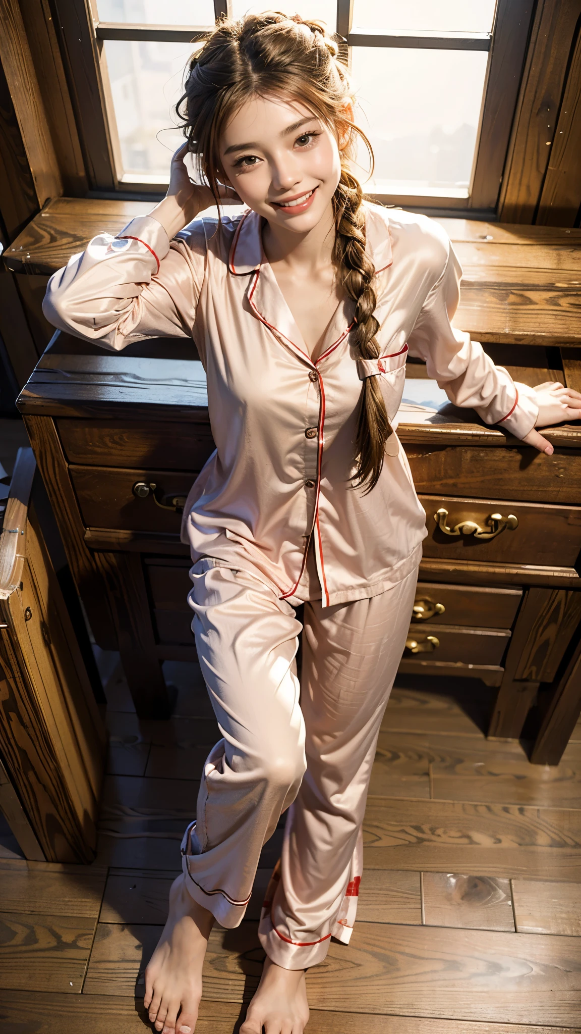 highest quality, masterpiece, Ultra-high resolution,8k, (Realistic:1.6), (Standing portrait) RAW Photos, 1 girl,(Smiling and winking, showing his teeth)), 22 years old,((Beautiful feet)),((In pajamas)),((Thin colored ribbon braided hair)),((From above:1.4)),Face Focus:1.4,((From under the loft)), Image Media Chest)),((Smiling with teeth showing)),