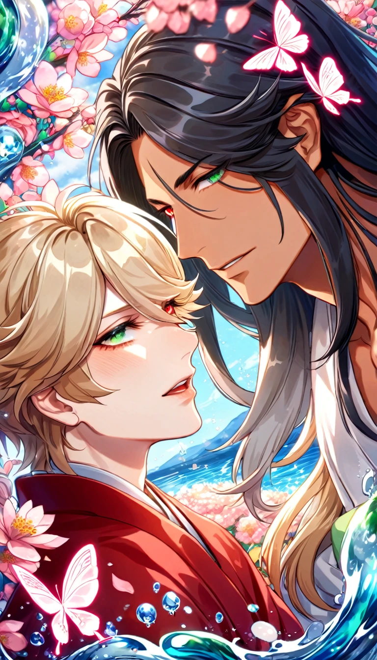 absurdres, highres, ultra detailed, HDR, master piece, best quality, extremely detailed face, delicated features, tanned skin, Asura, black long hair, untamed hair, expressive red eyes, Onmyoji, Taishakuten, ash-blonde hair, short hair, expressive green eyes, two sexy men together, gay couple, yaoi, handsome, white kimono, red haori, water, blossoms, pink flowers, pink butterflies, fantasy, magic, radiant