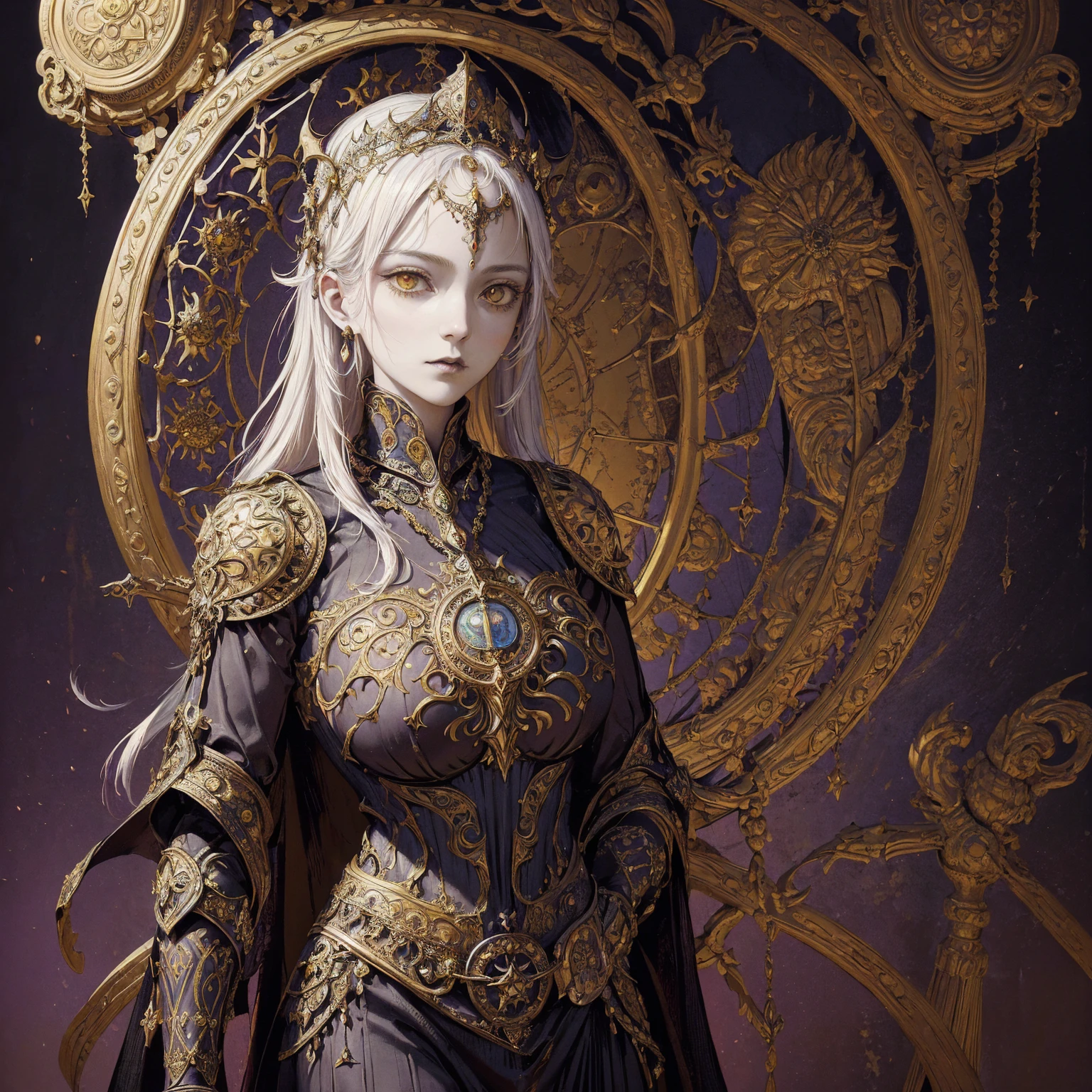 Art of a woman wearing a sun crown and ornate breastplate, (((Occult art))), Very detailed goddess ancient art, Sacredness. Very detailed, Mysterious inspiration, Snob face, Full body portrait, (Gothic art style, Weird art style :1.3), Realistic colors