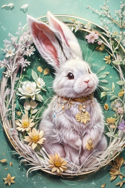 Big Moon Rounds,Adorable rabbit,at night,Starry Sky,Ultra HD,Fresh flowers,Fujiman,(Paper cutting style),Ultra HD,High resolution,Intricate details,Fantastic,romantic,Ultra-detailed CG art,