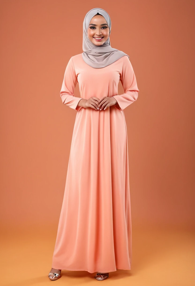 A woman standing with a warm smile, big breast, wearing a long peach-colored dress and a matching hijab, standing against a solid peach background. Her hands are folded in front of her, displaying an elegant and welcoming posture. The fabric of the dress and hijab appears smooth and soft, creating a harmonious and gentle appearance. The background is plain, allowing the focus to remain on the woman.