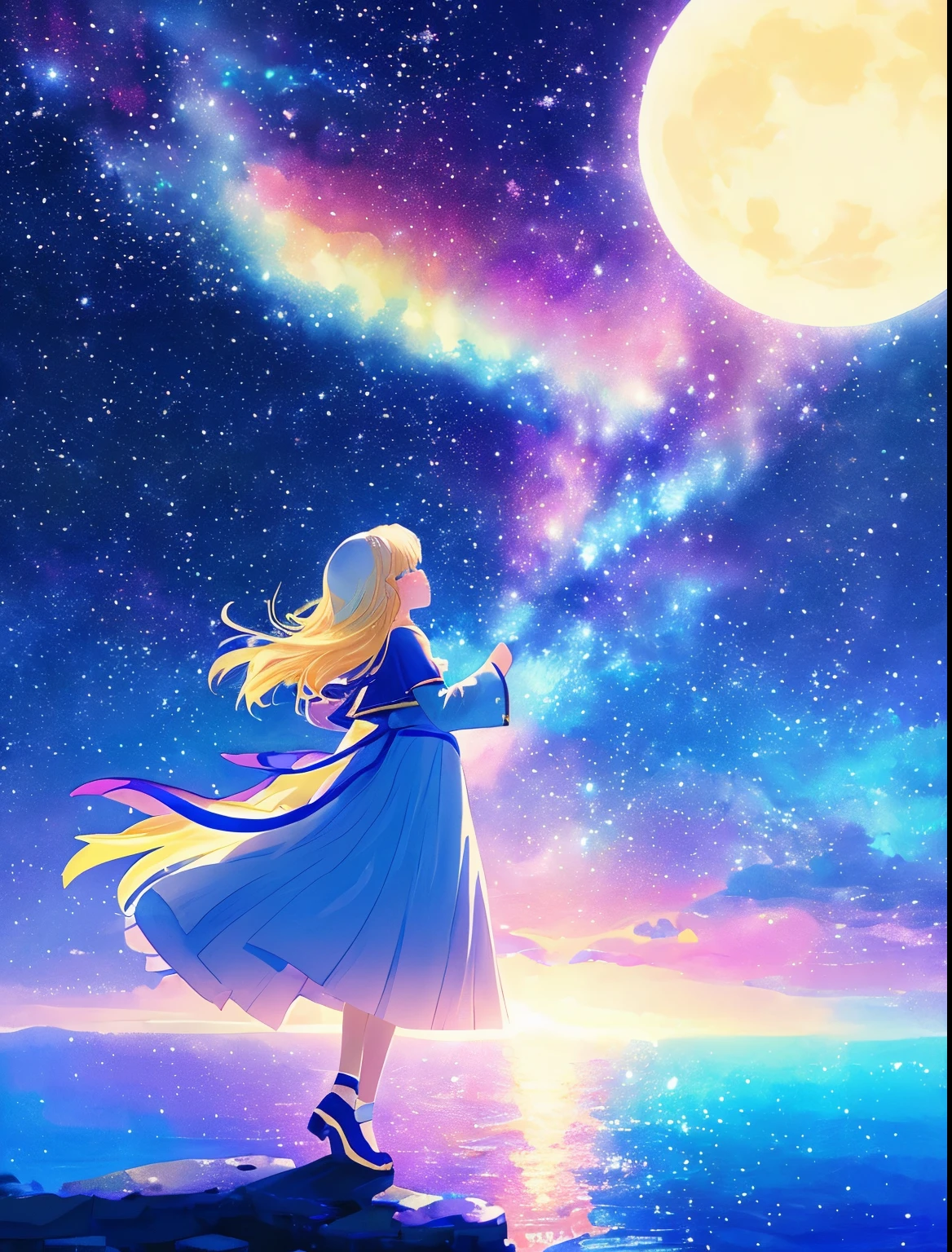 ((Big pale moon))((A girl who looks up at her profile and is subjectively depicted))、((Crying girl))、Profile Girls、On a multicolored background、River painting with stars and moon in rainbow sky、Shining skyscrapers、Make the whole body shine、Concept art inspired by Tosa Mitsuoki、pixiv Contest Winner、highest quality、Fantasy art、Beautiful anime scene、Bright Moon、Moonlight Star Environment、Dream Painting、Anime Backgroundアート、Fantasy Landscape Painting、Fantasy Knight、Anime Background、Background artwork、Great art、Atmospheric anime、Starry Sky、details enhanced。