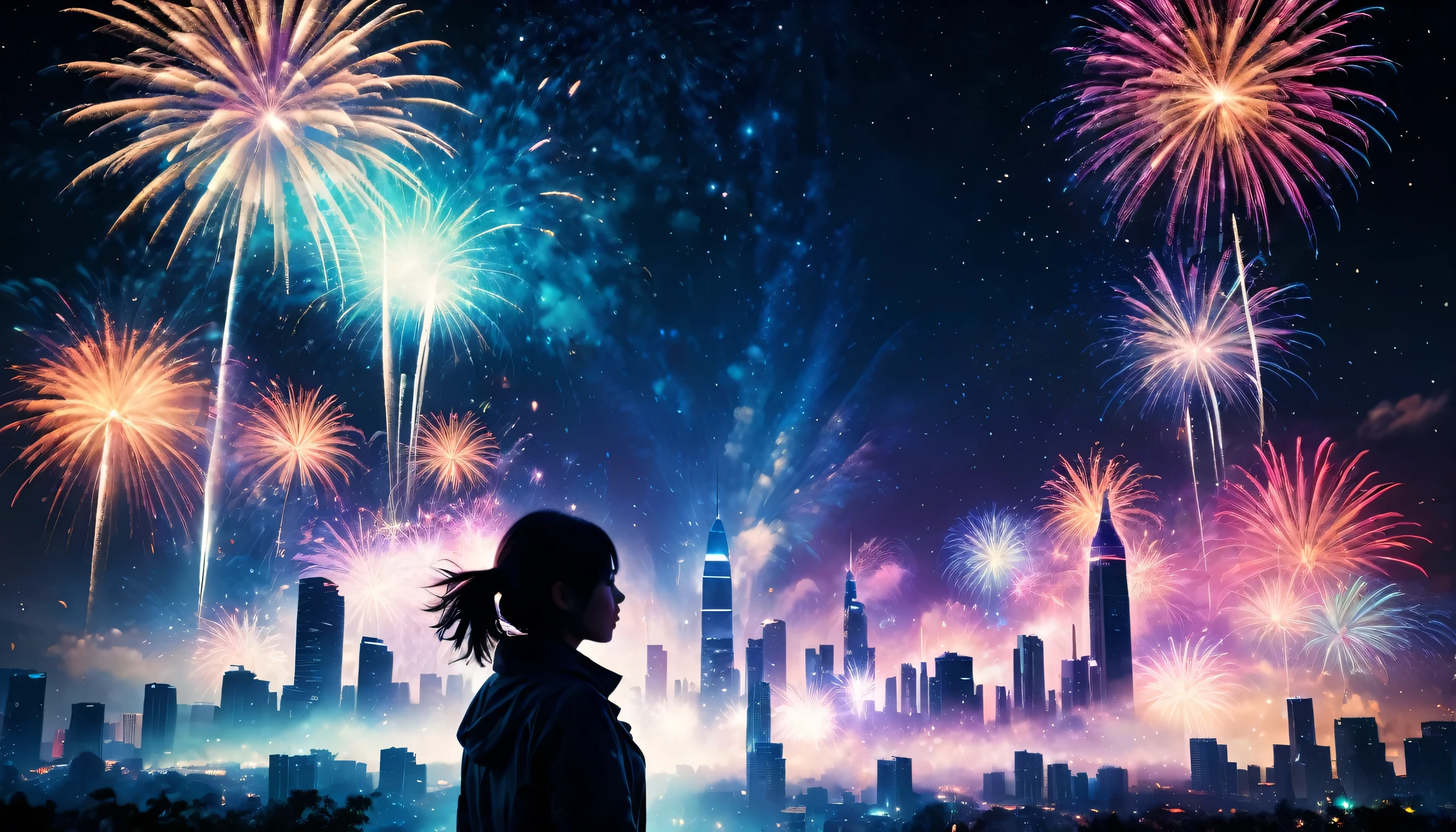 (Movie Posting),Wide Wide Shot,The expansive night sky,new year,(Spectacular fireworks display),(Unique texture of girl silhouette),(Double Exposure Effect),Vibrant colors,(Long exposure technology),creative works,Artistic photography,High contrast,Soft Focus,Ambiguous background,(Multiple Exposure),Different perspectives,Futuristic,High-rise buildings、(Overlapping Images)、Unrealistic atmosphere、(highest quality,4K,8k,High resolution,masterpiece:1.2),Super detailed,(Realistic,photoRealistic,photo-Realistic:1.37),