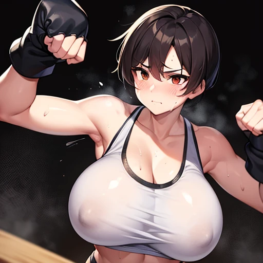 beautiful female fighter, slamming her fist into a punching bag, working hard. Wounded all over. very sweaty. Torn and tattered white tank top and spats, open finger gloves. Erect brown nipples and visible huge areola. black hair.