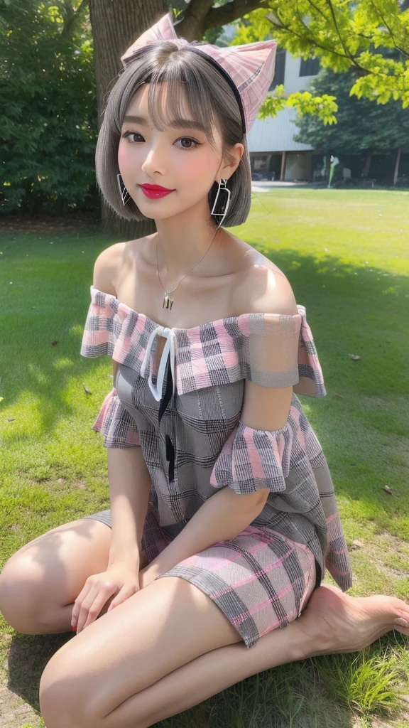 (8k, Photorealistic, Raw photo, Highest quality: 1.4),Japanese idol-style beautiful girl,1 person,18-year-old,Hairstyle(Very Short Bob,silver,A large ribbon is used to tie the hair at the back.),She has her hair tucked behind her ears,She wears small earrings in her ears,(pupil(big,Transparent grey :1.5)),Long eyelashes,Plump Cheeks,(lips(lipstick(Pink :1.3)Painting,lipstickの上からグロスを塗り艶やかでふっくらとしている)),Smiling,A short pendant is hanging around her neck,Thin and delicate shoulders,(Manicure(Black :1.5)on the nails of both hands),Thin waist,(barefoot),(Manicure(Black)on the nails of both feet.),(Summer knitwear(Off the shoulder :1.5,Sleeveless,Plain :1.7,White :1.7)Wearing it on bare skin),I can see her cleavage,(Pleated skirt(Plaid,Black :1.7)Wear),(On the grass under the tree in the park),(Sit in a hu sit :1.7),(Place your hands on your crotch),She is surrounded by the gentle sunlight filtering through the trees.,Angle from the front,whole body ports