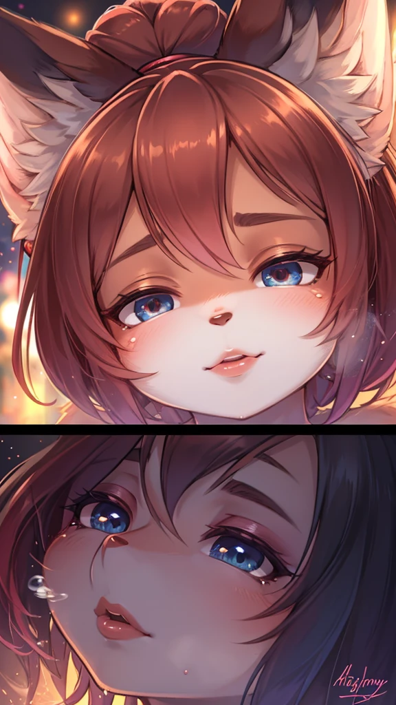 Hallucination, daydream , fantastic , erotica , Fear , bokeh , fox girl , hair tie , Medium hair , up hair  , Sensual nape , Fireworks display , front view , (closeup face:1.9) , glossy lips , detail , (Close eyes) , Waiting for a kiss , from below , woman on top , steamy breath , I can not stand it any longer , Mouth gesture , (Hand job gesture:0.9) , Hair falls towards the viewer , Peeking Down , Applying lipstick , Lipstick advertisement