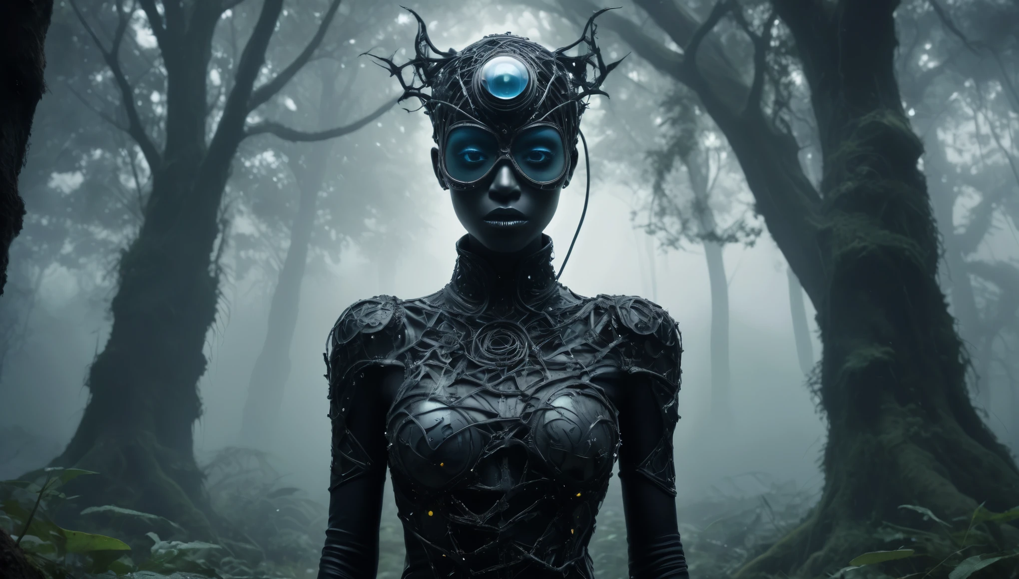 abandoned young niobium glass junkie's mummy made of dead crystal plants, foggy Louisiana forest, radioactive atmosphere,charcoal mechanical clockwork , steampunk dark horror fantasy, ominous fairyland,large number of stars fly towards the viewer,ruined theme,lots of toxic dust,amazon,full body length shot,once pretty face,full body length, eerie atmosphere, ethereal presence, toxic mists, supernatural entities, sinister aura, dark and twisted branches, macabre elements, eerie and ominous lighting,Complicated detail,captivating creation,intricate details,extremely detailed,masterpiece,intricate details,eyes extremely detailed, high detailed eyes,32k resolution, Nikon Z9,like Stone Forest in Yunnan Province of China,Simon Stalenhag,Nicola Samori,Wangechi Mutu, horror movie, cinematic look, creepy aesthetic, ultra detailed, photorealistic, masterpiece,(professional 3d render:1.3),junkie,matte black and white, organic outfit with a curved mask and a glass dome visor, fashionable alien junkie, vespertine, futuristic clothing and glass, movie stile, avante garde design stylings inspired by white and black and blue squares and curves(Intricate:1.4), decadent