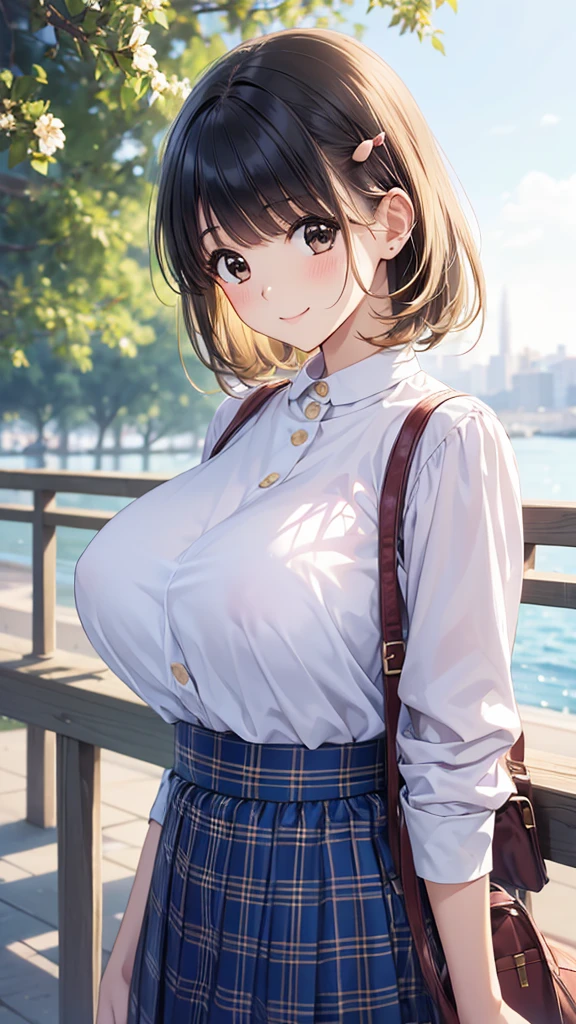 young woman、smile、Cool hairstyle、Blushing、masterpiece、High resolution、16k、Spring clothes in fresh colors、(Very close:1.5)、Explore the city、(Depicting the upper body:1.5)