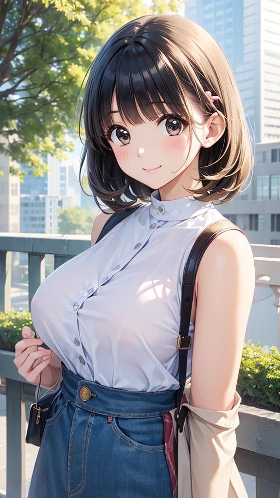 young woman、smile、Cool hairstyle、Blushing、masterpiece、High resolution、16k、Spring clothes in fresh colors、(Very close:1.5)、Explore the city、(Depicting the upper body:1.5)